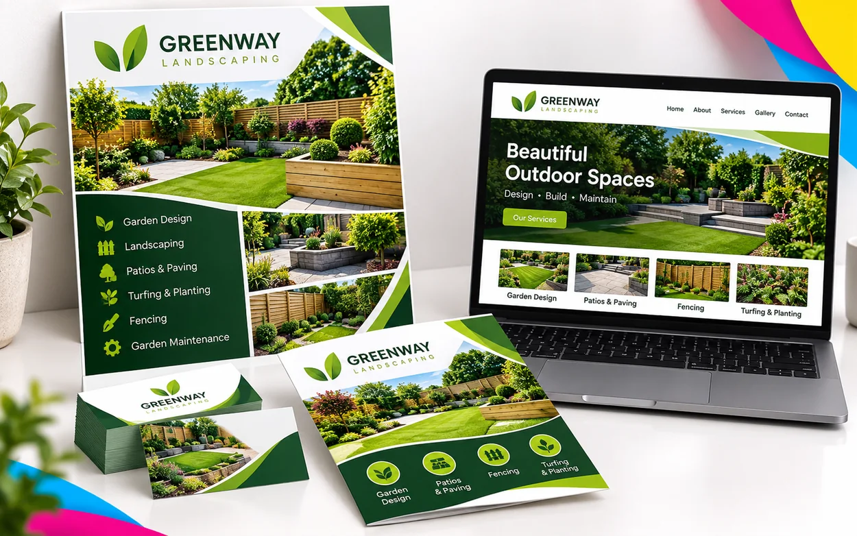 Example of a matching website, business cards and flyers for a landscaping business